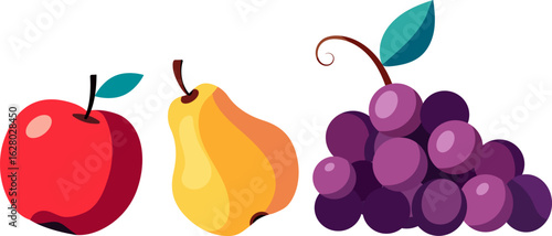 An illustration of three fruits: a red apple, a yellow pear, and a bunch of purple grapes with green leaves.