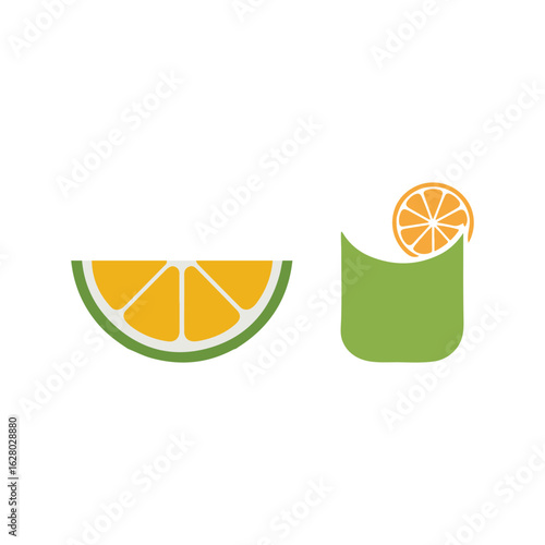 Citrus fruit slice and drink logo design.A vibrant graphic design featuring a lime slice and an orange slice inside a stylized drink glass.