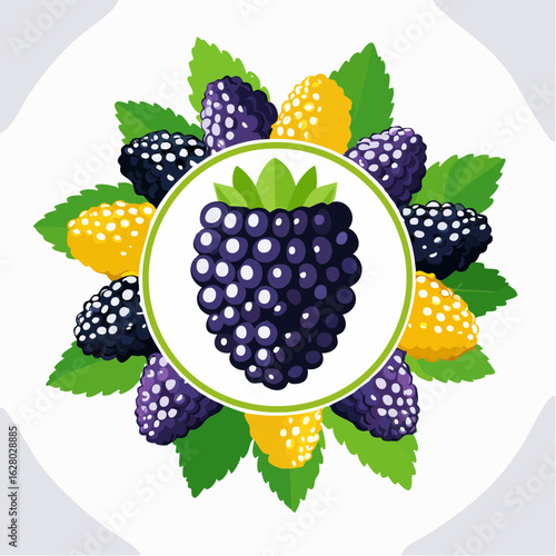Artistic Depiction of Blackberries and Golden Berries with Green Leaf Accents in Circular Frame