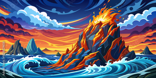 sea waves and volcanic fire at day time with beautiful sky and clouds cartoon, ocean wallpaper