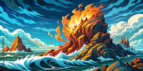 sea waves and volcanic fire at day time with beautiful sky and clouds cartoon, ocean wallpaper