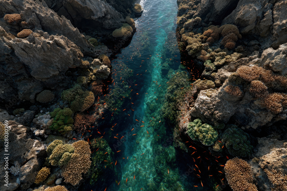 Obraz premium Vibrant coral reef with colorful fish seen from above