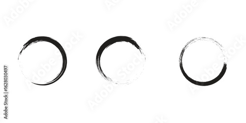 Set of 3 Zen Ink Circle Brush Strokes – Grunge Hand-Drawn Enso Rings on White Background