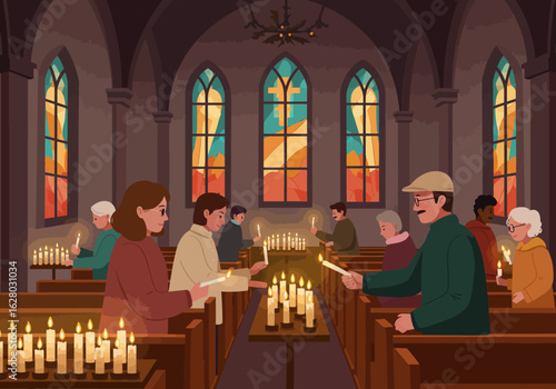 People Lighting Candles in Church Warm Light Religious Ceremony Illustration.