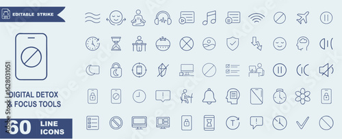 Digital Detox & Focus Tools Icons – Clean Vector Set of Mindfulness, No-Phone Mode, Focus Timers, and Productivity Apps

