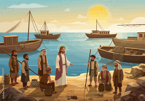 Jesus Calling the First Disciples Fisherman Gathering on Shore.