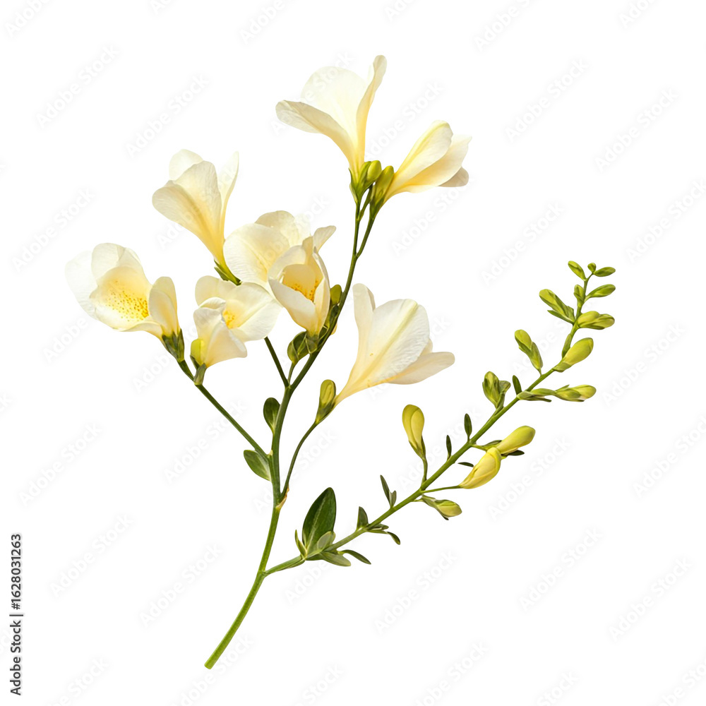 Fototapeta premium Delicate cream Freesia flowers blooming on a black background isolated on transparent background cutout