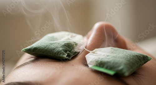 Closeup of a persons eyes with steaming green tea bags placed on them wisps of steam visible