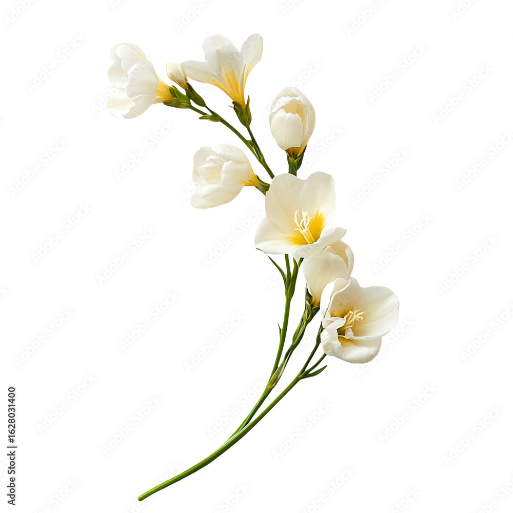 Fototapeta premium Delicate white Freesia flowers on black background elegant floral arrangement nature beauty botanical art isolated on transparent background cutout