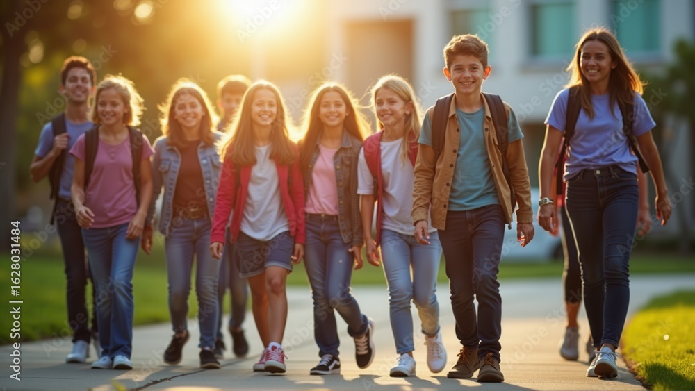 Obraz premium A diverse group of smiling students walk together on school grounds during a sunny afternoon