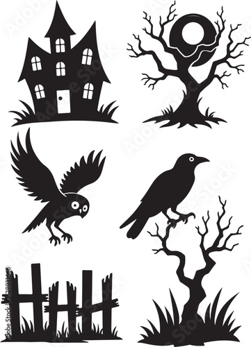 Spooky Halloween silhouettes with haunted house, crow, owl, and trees