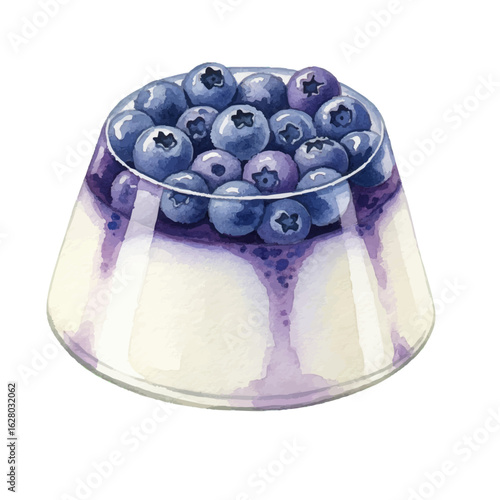 Blueberry Panna Cotta Dessert on a White Background- Watercolour Art