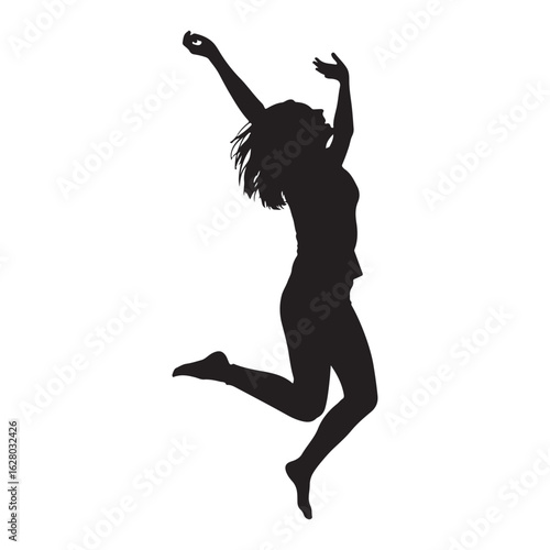 Joyful woman leaping high with arms raised in a dynamic silhouette