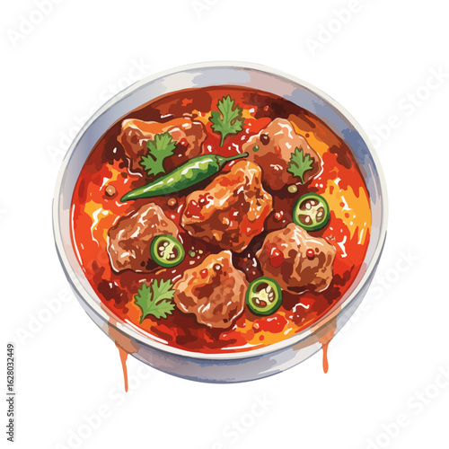 Indian mutton curry with chilies and gravy on a White Background- Watercolour Art