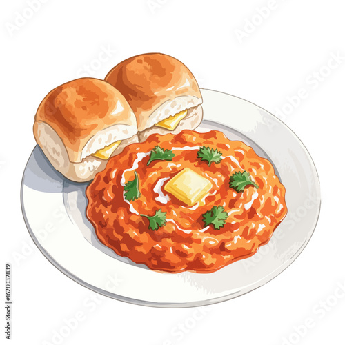 Pav Bhaji (Indian street food) on a White Background- Watercolour Art