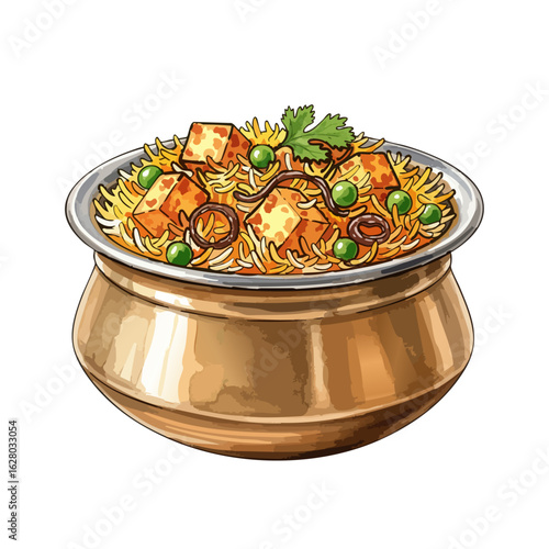Brass pot of Paneer biryani on a White Background- Watercolour Art