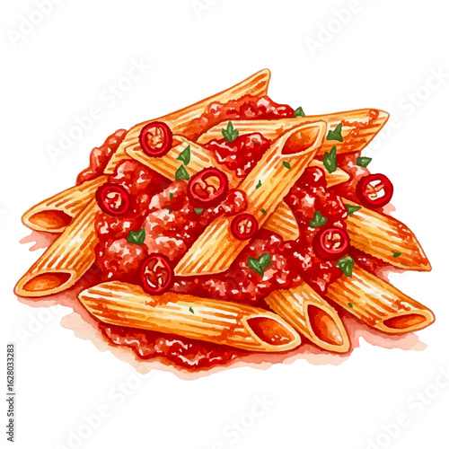 Penne red sauce pasta with red chillies on a White Background- Watercolour Art