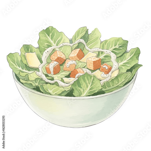 A bowl of Caesar salad with lettuce, cheese, croutons and caesar dressing on a White Background- Watercolour Art