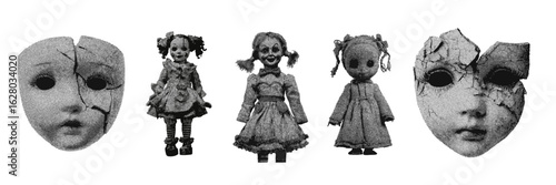 Set of halloween creepy haunted doll halftone grunge vector design elements
