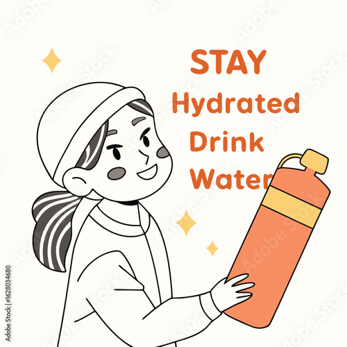 Illustration of a girl holding a water bottle with text stay hydrated drink water and star decoration