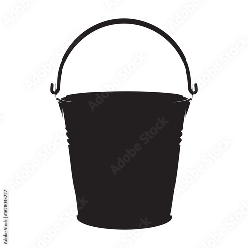 A simple black metal bucket with a curved handle shown in a stark silhouette
