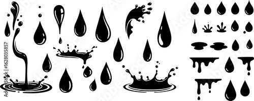 Water Drop Silhouettes Vector Collection Liquid Splash Droplets Rain Tears Various Shapes Black Icons Design Elements