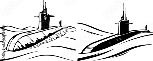 Naval Submarine on Surface - Military Underwater Vessel in Ocean Waves