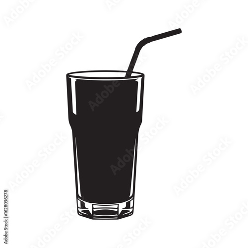 A tall glass filled with dark liquid and a black straw silhouette