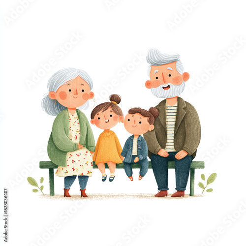 Grandparents and Granddaughters Sitting on a Green Bench Cartoon Illustration