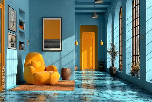 Living room in blue tones with a bright orange armchair