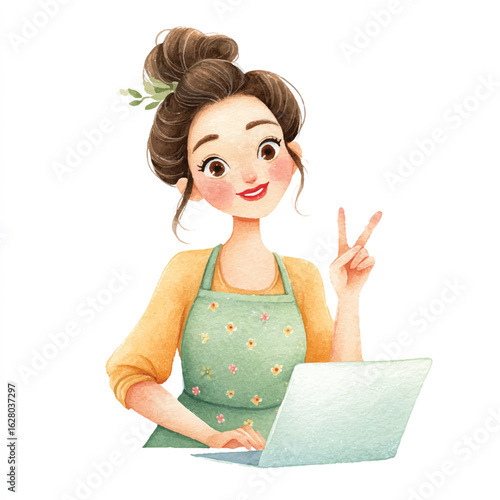 Cheerful Woman with Bun and Apron Giving Peace Sign While Working on Laptop