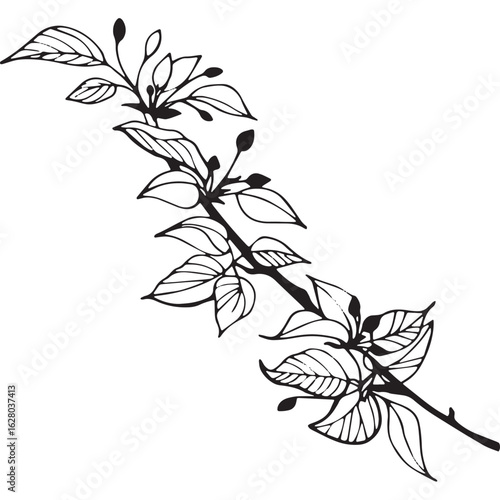 "Bold black silhouette of a leafy plant, sharply contrasted against a clean white background"