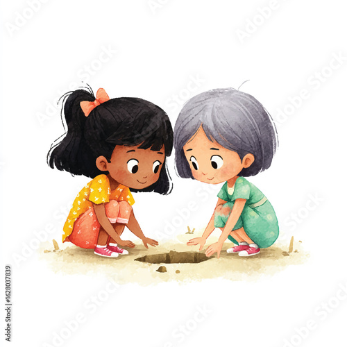 Curious Children Discovering a Hole Together Watercolor Illustration Style