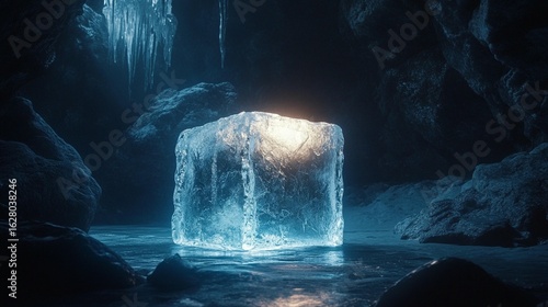Frozen cube glows in dark icy cave