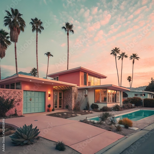Mid-Century Modern Home with Palm Trees at Sunset