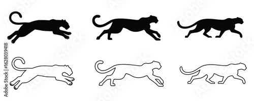 Set of leopard silhouette and line icons, suitable for wildlife, safari, animal tracking, or nature-themed designs.