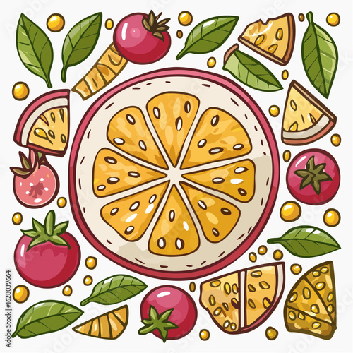 Vibrant array of fresh fruits and cheese slices creates a colorful pattern illustration