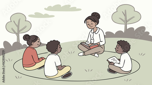 A teacher reading a book to a group of children sitting in a circle on the grass in a park setting outdoors