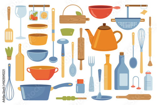 Assortment of kitchen utensils and cookware in flat cartoon style cooking food