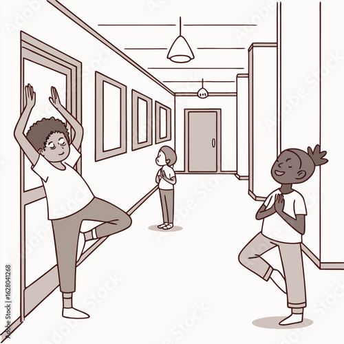 Three children practice yoga poses in a school hallway with pictures and lights hanging from the ceiling