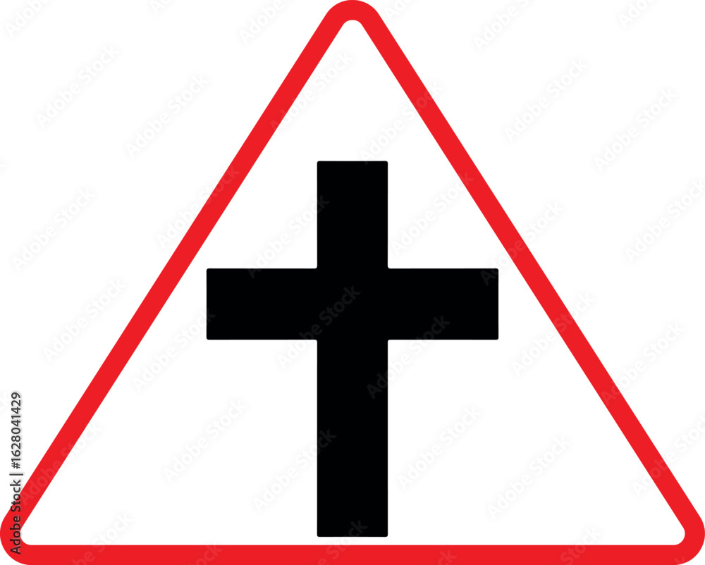 Fototapeta premium Crossroad traffic sign icon. Road intersection symbol with four-way junction indicating traffic convergence point, black and white vector
