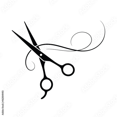 Black and white scissors with swirling decorative lines cutting hair