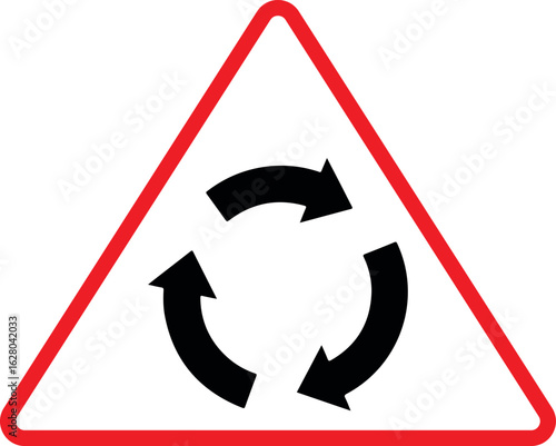 Roundabout traffic sign icon. Circular road junction symbol with arrows indicating rotary movement, road navigation and safety warning in black and white vector