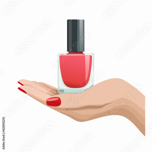 A beautifully manicured hand with glossy red nails delicately holds a bottle of vibrant coral nail polish on a white background.