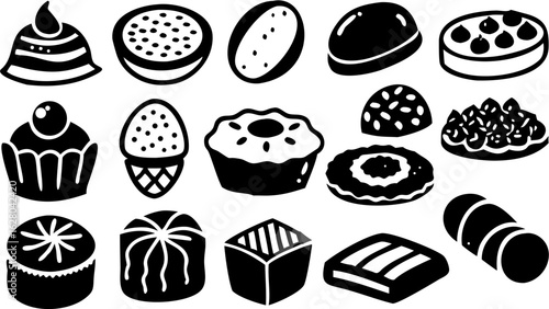 Illustration of various stylized desserts including cakes donuts candies and pastries in black and white