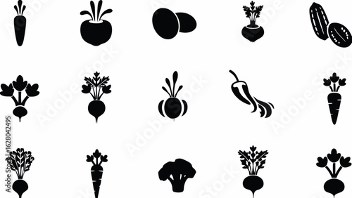 Illustration of various black and white vegetables including carrots beets and other produce items shown