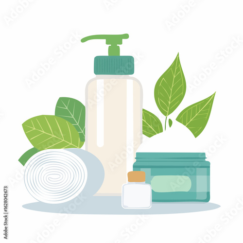 A minimalist illustration of natural skincare products including a pump bottle, cream jar, small vial, cotton pads, and green leaves