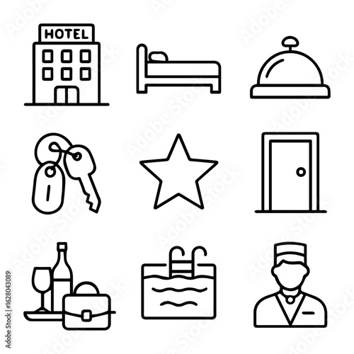 Simple Line Art Icons Representing Hotel Amenities.