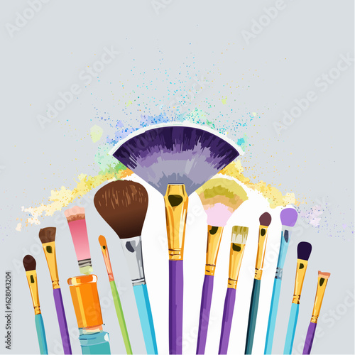 A vibrant collection of colorful makeup brushes arranged in a fan-like pattern against a light grey background with scattered paint splatters.