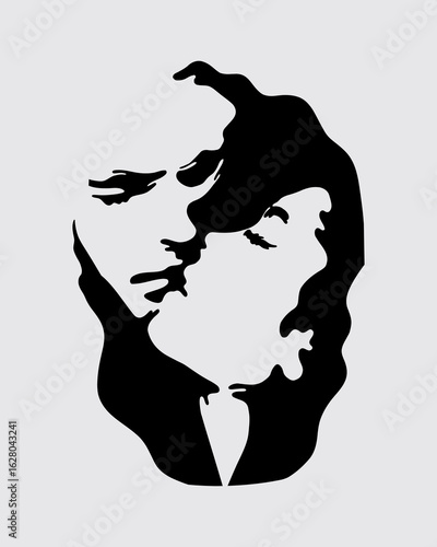 Romantic art kissing couple silhouette ink artwork poster sticker editable 